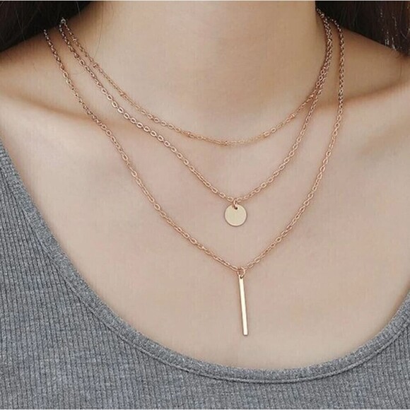 Gold Tone Layered Necklace Circle Bar Pendant Classic Boho Festival - Picture 1 of 13